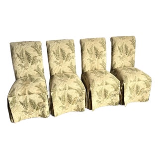 Vintage Regency Boho Green Foliage Skirted Parsons Dining Chairs - Set of 4 For Sale