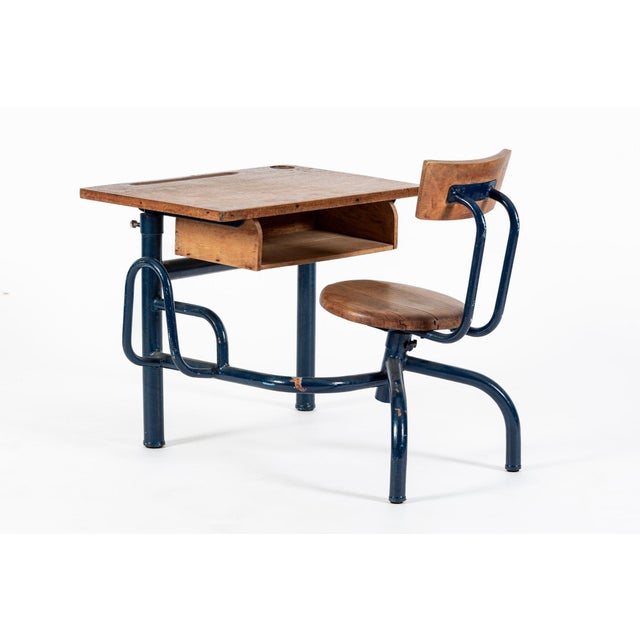 1940s Vintage Antique Wood & Metal Child’s School Desk and Chair in the Style of Jean Prouvé For Sale - Image 5 of 14