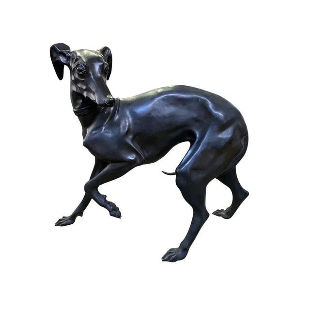 A large pair of 1960s bronze Greyhounds in dominance stance. Beautiful sculpted and cast pair of near life-size male and...