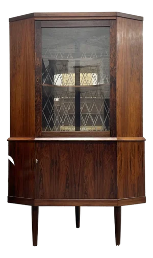 Mid Century Modern Teak Corner China or Liquor Cabinet, Made in Denmark. C. 1960's
