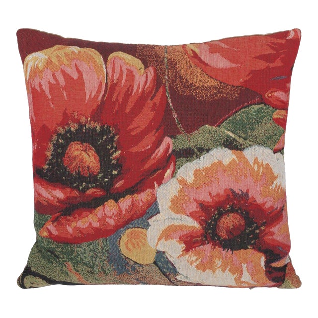 Red Poppies Tapestry Cushion With Feather Filler - 43x43cm (17"x17") For Sale
