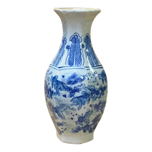 Chinese Blue White Porcelain Hexagon Fishes Graphic Small Vase - Set of 2