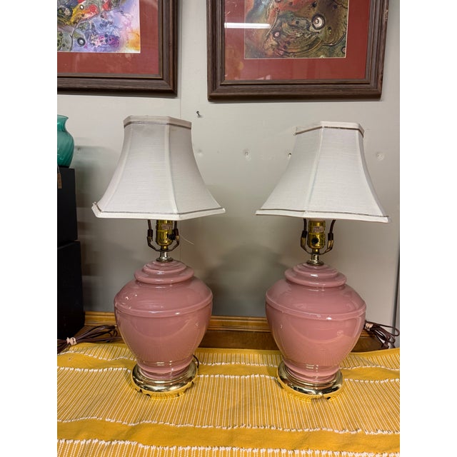 Pink 1980’s Pretty in Pink Glass Ginger Jar Lamp Pair For Sale - Image 8 of 9