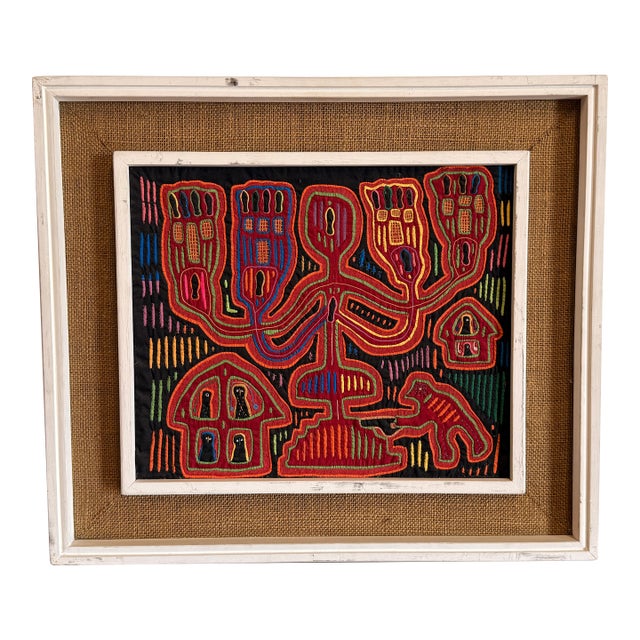 Framed Kuna Mola Textile Panel From Panama W/ Figurative Reverse Applique For Sale