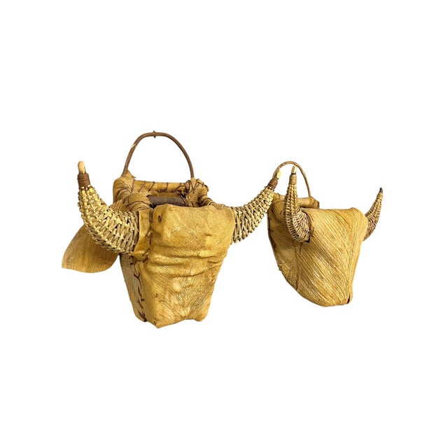 Ralph Lauren Pair Vintage Texas Folk Tramp Art Wicker Bull Head Planters For Sale - Image 4 of 14