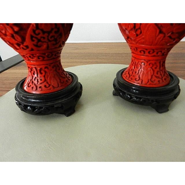 Pair of Mid-Century Chinese Red Cinnabar Vases - Red Lacquer Over Brass For Sale - Image 4 of 9