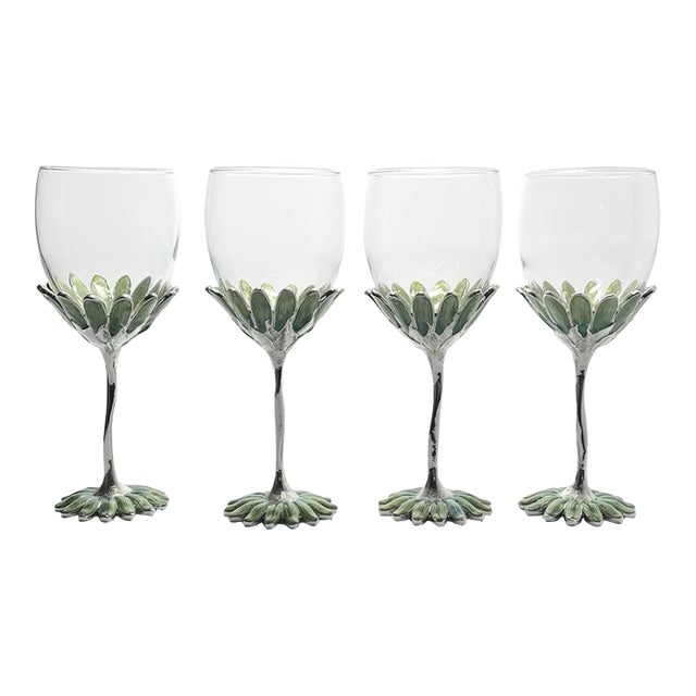 Forever International Green Enamel Metal Flower Wine Glasses - Set of 4 For Sale