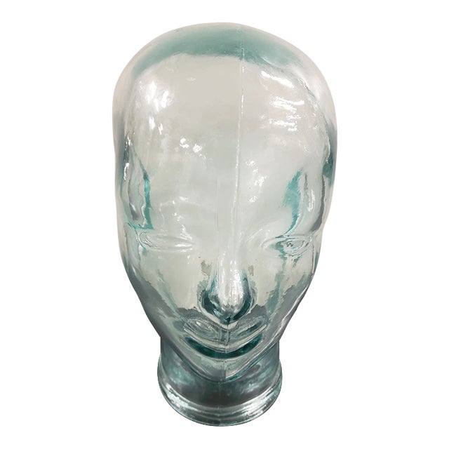 Vintage Pier 1 Mannequin Head Clear Green Tint Glass Hat or Wig Display W/Tag, Made in Spain For Sale