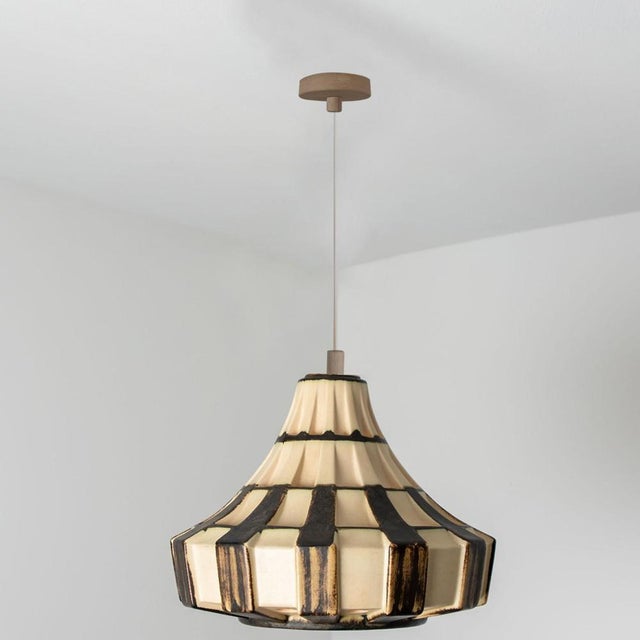 Ivory & Brown Ceramiy Trumpet Pendant Light, Denmark, 1970s For Sale - Image 13 of 18