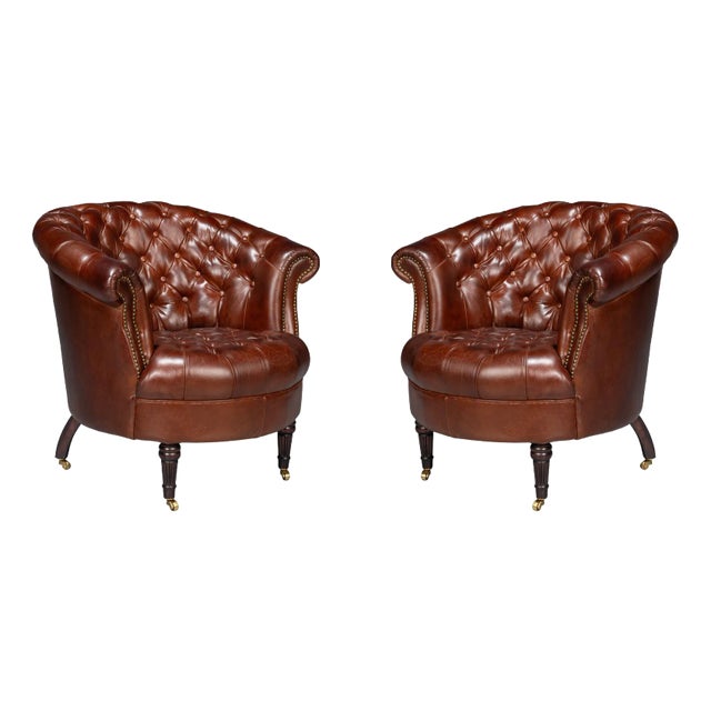 Pair of Brown Leather Barrel Back Chairs For Sale