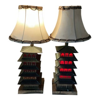 1940s Enameled Metal Pagoda Lamps - A Pair For Sale