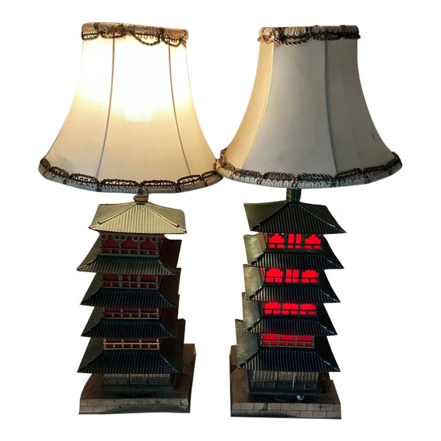 1940s Enameled Metal Pagoda Lamps - A Pair For Sale