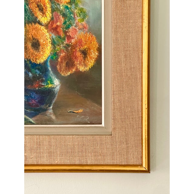 Mid 20th Century French Mid-Century Floral Still Life in Orange and Blues Oil on Board, Initialed, Dated 1957 For Sale - Image 5 of 13