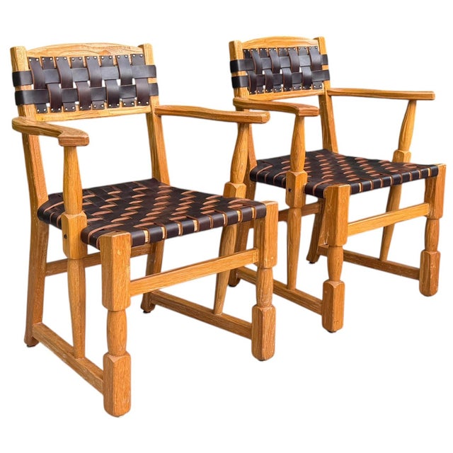 Vintage Mid-Century Ranch Oak Leather Strapped Arm Chairs - A Pair For Sale