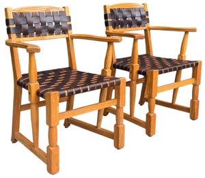 Vintage Mid-Century Ranch Oak Leather Strapped Arm Chairs - A Pair