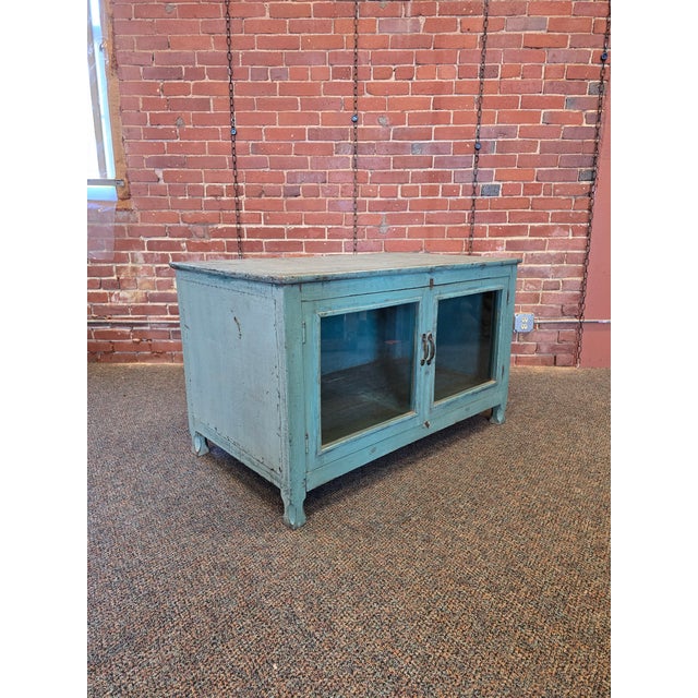 1980s Industrial Teal Glass Door Low Cabinet For Sale - Image 4 of 6