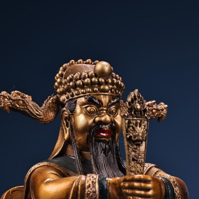 Antique Chinese Gilt Bronze Dragon King Statue With Polychrome Paint For Sale - Image 4 of 10