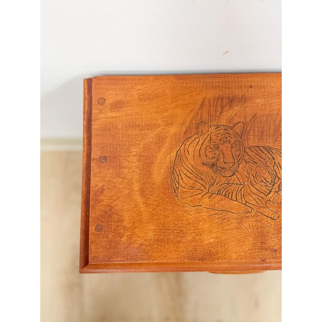 Mid 20th Century Vintage Mini Dresser Tiger Engraved Top Three Drawer Transitional Primitive For Sale - Image 5 of 14