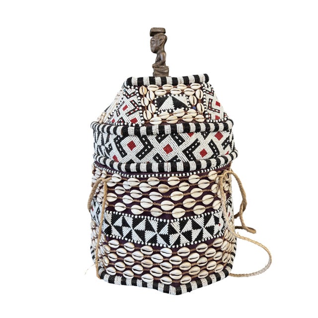 Vintage African Kuba Royal Beaded Basket Congo 21" H For Sale In New York - Image 6 of 9