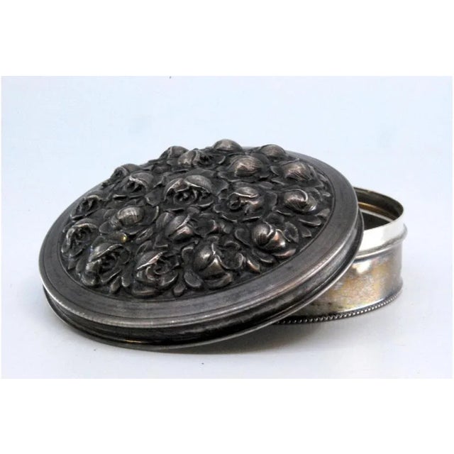 Silver Box with Embossed Flowers on the Lid and Pearl Trim For Sale - Image 6 of 11