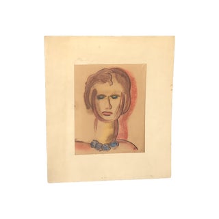 Mid 20th Century Abstract Postmodern Portrait Pastel Drawing by Luba Schaffer For Sale