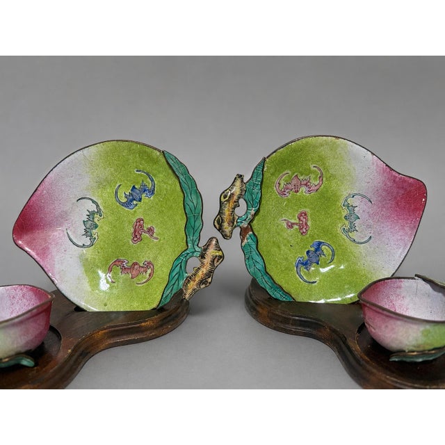 Pair, Qing Dynasty Chinese Canton Enamel 'Peach' Cups and Saucers For Sale - Image 4 of 6