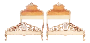 Romweber French Rococo Louis XV Burl Wood and Parcel Painted Twin Beds, Pair