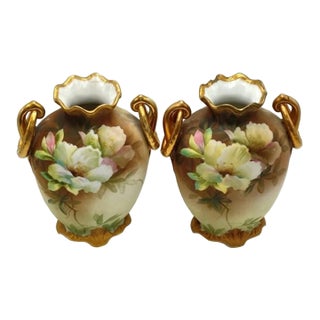 Pair of Nippon Morimura Brothers 7” Mantle Vases Ring Handles, Rose Motif, Antique (Please Read) For Sale