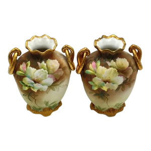 Pair of Nippon Morimura Brothers 7” Mantle Vases Ring Handles, Rose Motif, Antique (Please Read)