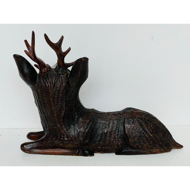 Vintage Black Forest Style Hand Carved Wood Stag Deer Sculpture With Antlers For Sale - Image 4 of 12