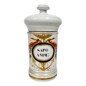 Mid-19th Century French Glazed Porcelain Apothecary/Pharmaceutical Jar With Lid- 'Sapo Anim:'