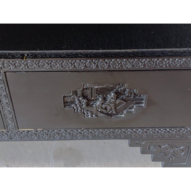 Black Lacquer Chinese Carved Cabinet Brass Hardware Intricate Asian Design For Sale - Image 10 of 12