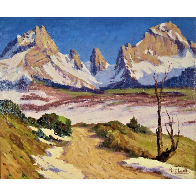 Artist: Florent Chade (French, 1896-1985) Title: Chamonix, le Mont Blanc Year: Circa 1950 Medium: Oil on canvas board...