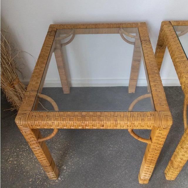 Mid-Century Modern 1970’s Cane Rattan Wrapped Rectangular Side Tables With Glass Top - a Pair For Sale - Image 3 of 11
