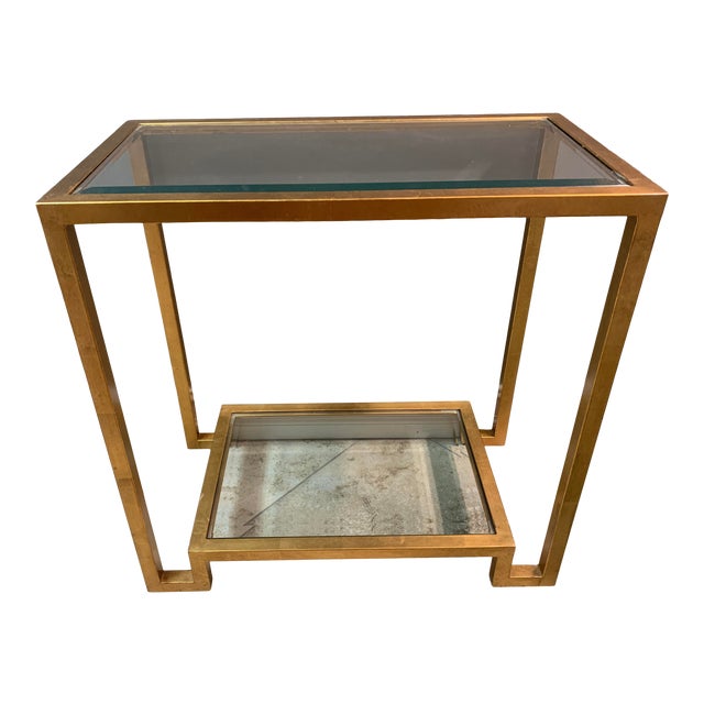 Late 20th Century Vintage Gold Leaf Double Shelf Glass Console Table For Sale