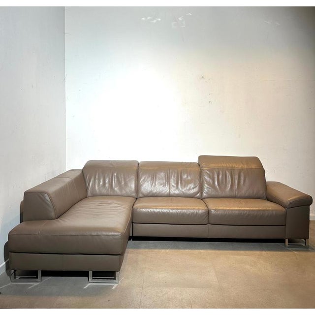 Large Taupe Leather Corner Sofa For Sale - Image 3 of 5