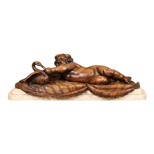 French 1880s Carved Walnut Putto Feeding a Swan Sculpted Group on Marble Base