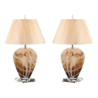 Pair of Vintage Blown-Glass Table Lamps with Lucite Bases, Caramel & Ivory, 1990s For Sale