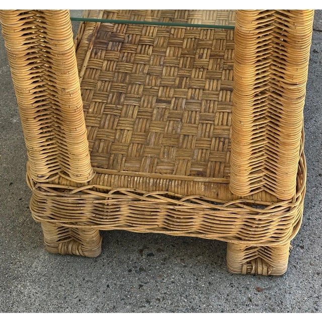 Tall Rattan Etagere Display Case With Glass Shelves For Sale - Image 9 of 9