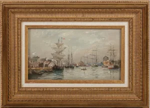 Mid 20th Century Vintage Oil Painting Marine Harbor Scene by M Chevtsov