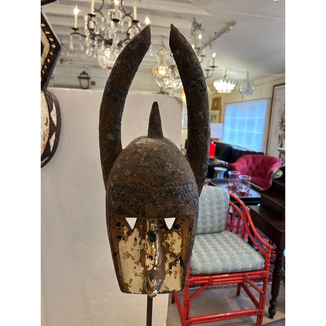 White Collection of African Carved Wood Masks on Tall Custom Iron Stands For Sale - Image 8 of 16