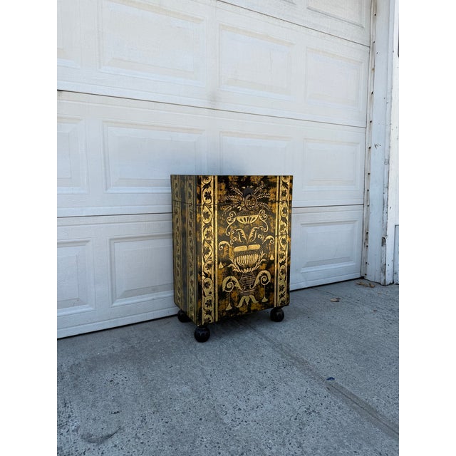Neoclassical Late 20th Century Neoclassical Style Black and Gilt Decorated Urn Motif Storage Chest For Sale - Image 3 of 12