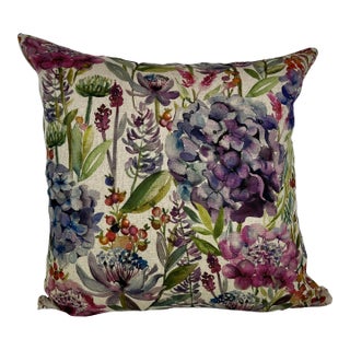 20" Square Decorative Throw Pillow Decorated With a Bold Purple Hydrangea Flower Floral Print With a Watercolor-Like Appearance - Made in the U K. For Sale