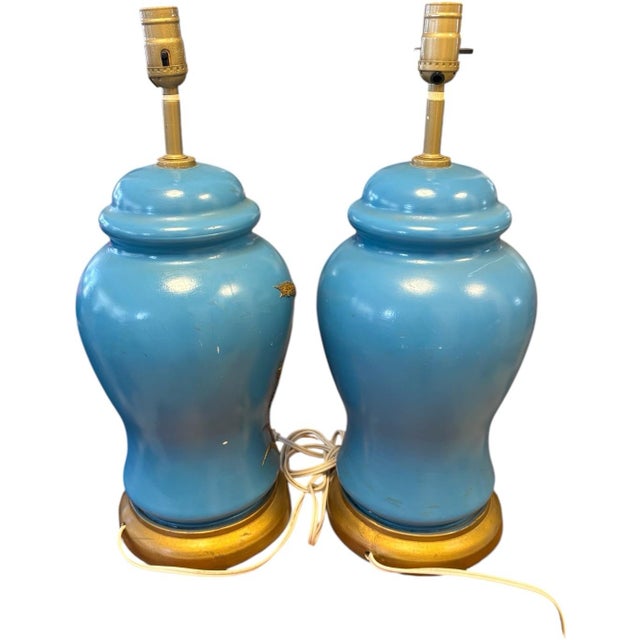 Hollywood Regency Vintage Hollywood Regency Turquoise Blue & Gold Ginger Jar Table Lamps – Pair For Sale - Image 3 of 10