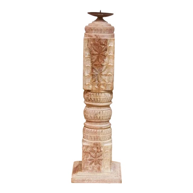 Carved Whitewash Charpai Candle Holder For Sale