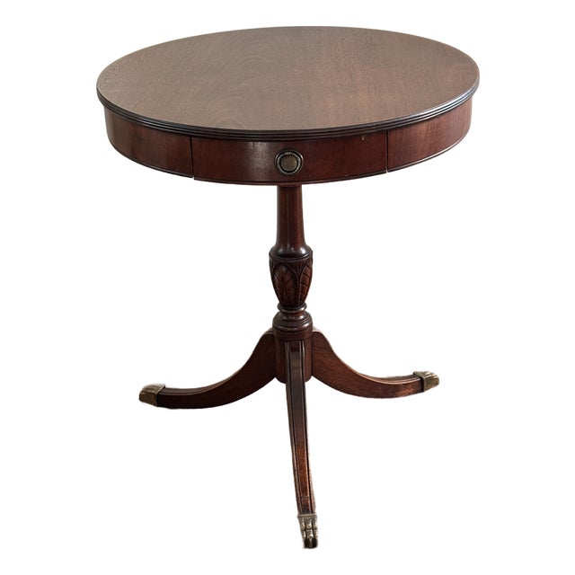 Vintage Lane Mahogany Drum Table Round Pedestal Side End Table Drawer Claw Feet For Sale