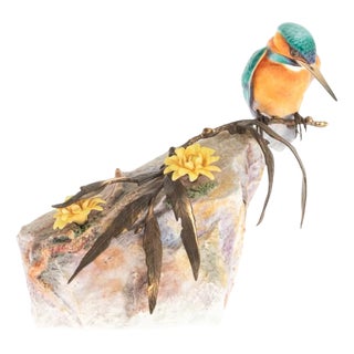 Porcelain & Bronze Kingfisher Perched on a Leafy Branch Sculpture by David Fryer for Royal Albany Worcester For Sale