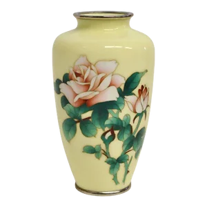 Early 20th Century Signed Ando Jubei Japanese Cloisonne Vase Cream Yellow With Roses
