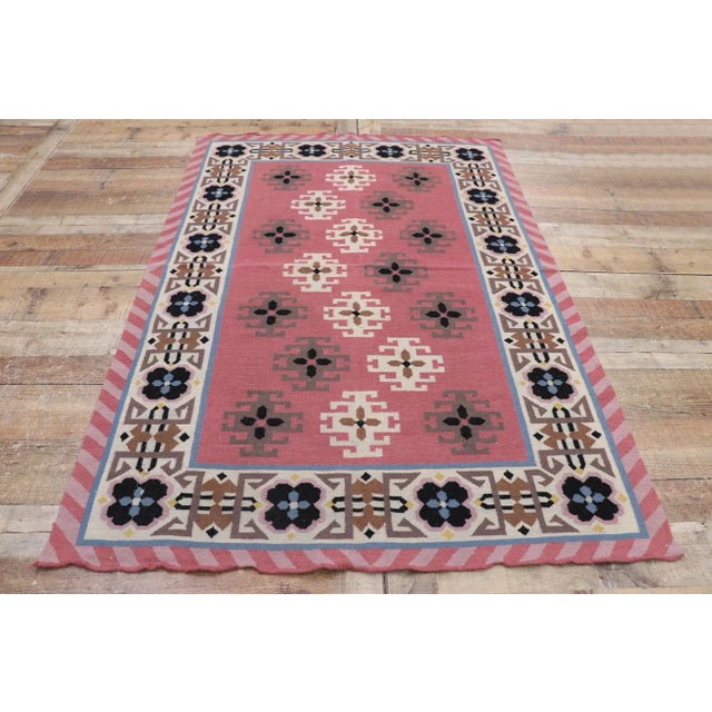Textile Vintage Romanian Geometric Kilim Rug - 04'00 X 05'11 For Sale - Image 7 of 9