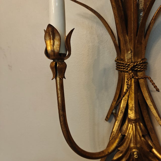 Vintage Italian Gilt Gold Metal Sheaf of Wheat Electric Candle Wall Sconce For Sale In Tampa - Image 6 of 10